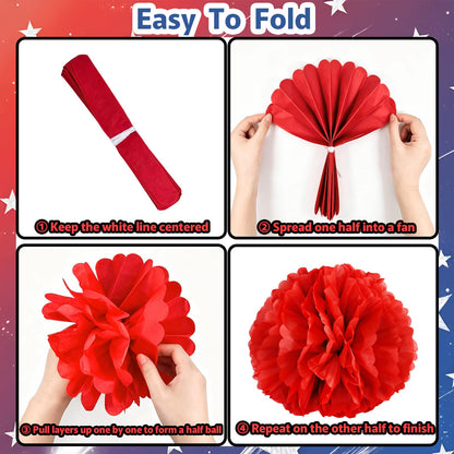 Onfunlee 4th of July Decorations Set, 34PCS Patriotic Memorial Day Decoration US 250th Anniversary Decor, Red White Blue Party Supplies with Paper Fans, Banner, Swirls, Pom Poms for Independence Day