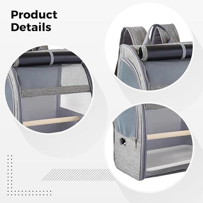 Parrot Backpack Travel Cage; 12.2 X 9.6 X 15 in Breathable Bird Carrier; Gray Backpack with Mesh Window; Removable Perch and Tray