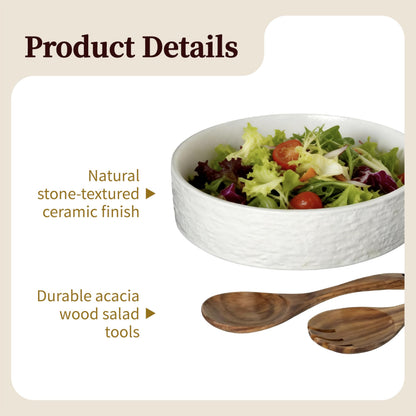 seicasaya 10 Inch Ceramic Salad Bowl with Acacia Wood Serving Spoon and Fork Set High Temperature Fired Stone Texture Large Serving Bowl for Pasta Fruit Popcorn Modern Centerpiece Bowl (White)