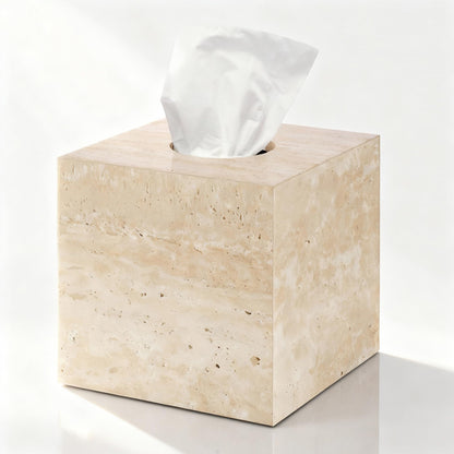 N NANSHOP Natural Travertine Marble Tissue Box Holder Cover, Square Cube Tissue Box Holder with Open Bottom for Bathroom Vanity Tops, Bedroom Dressers, Kitchen Countertop, Travertine Beige(NS022)
