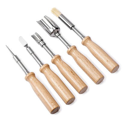 5Pcs tool kit including metal poker,scraper,mini scoop,large scoop,brush,crafted from SS304 with detachable wooden handles storage bag for versatile use sugar salt powder spices and cleaning