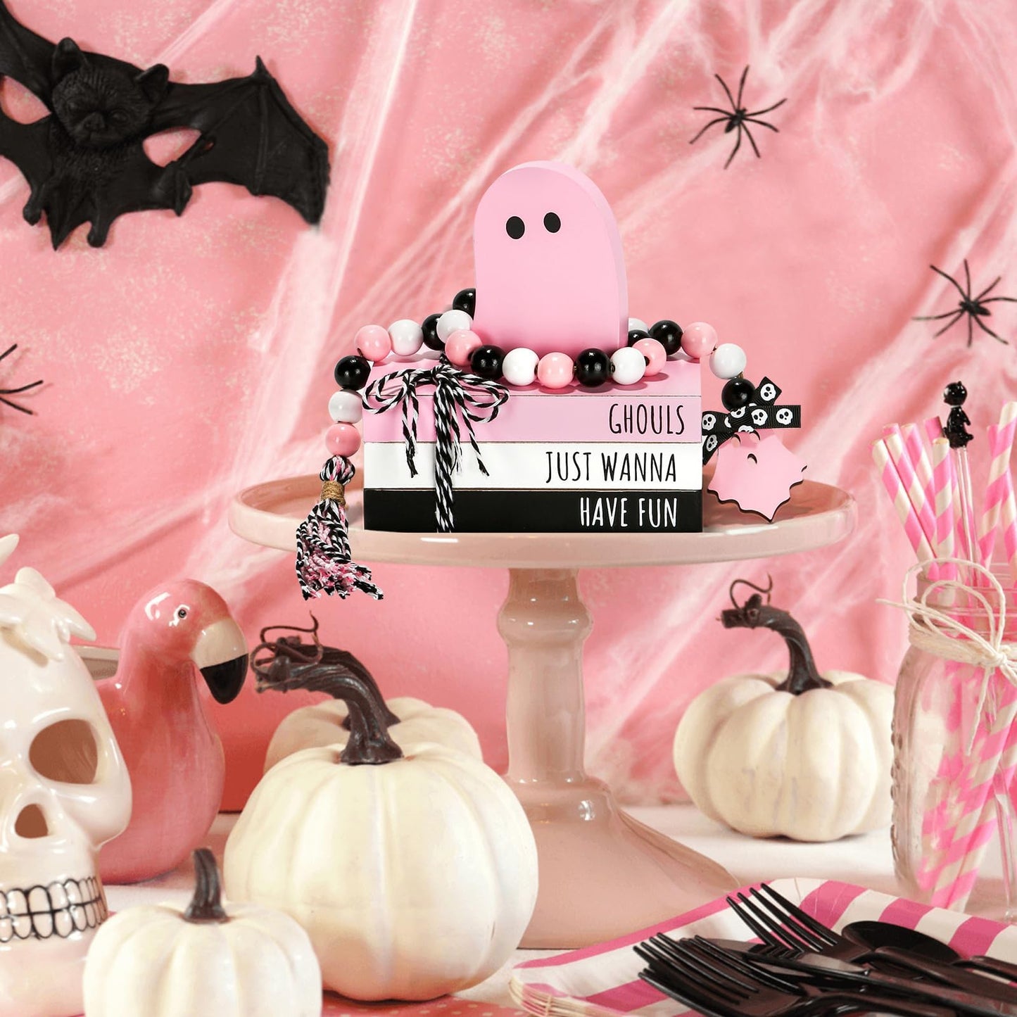 Pink Halloween Decorations 5PCS Table Centerpieces, Cute Girlie Tabletop Halloween Decor for Tiered Tray Shelf Mantel Fire Place Office Desk Rustic Farmhouse Wood Faux Book Stack and Ghosts Sign