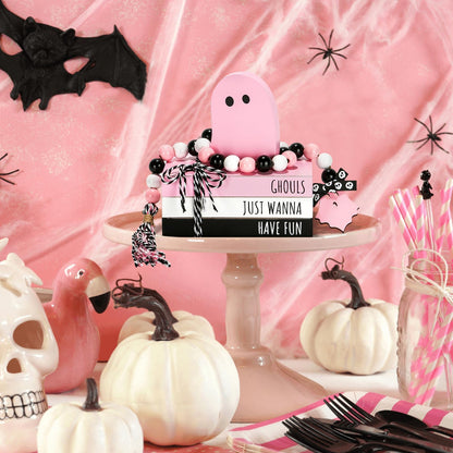 Pink Halloween Decorations 5PCS Table Centerpieces, Cute Girlie Tabletop Halloween Decor for Tiered Tray Shelf Mantel Fire Place Office Desk Rustic Farmhouse Wood Faux Book Stack and Ghosts Sign