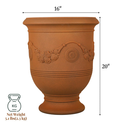 KOL Large Plastic Urn Planter - 16” Dia x 19” H Lightweight Classic Planter Pot with Cement Texture & Drainage Hole, Weather Resistant for Outdoor Plants, Patio, Garden Decor (Rusty)
