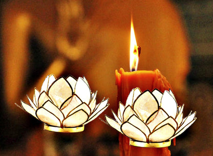 Contrast Natural White Capiz Shell Opening Lotus Flower Bulb Tealight Candle Holder, Tan, One Size
