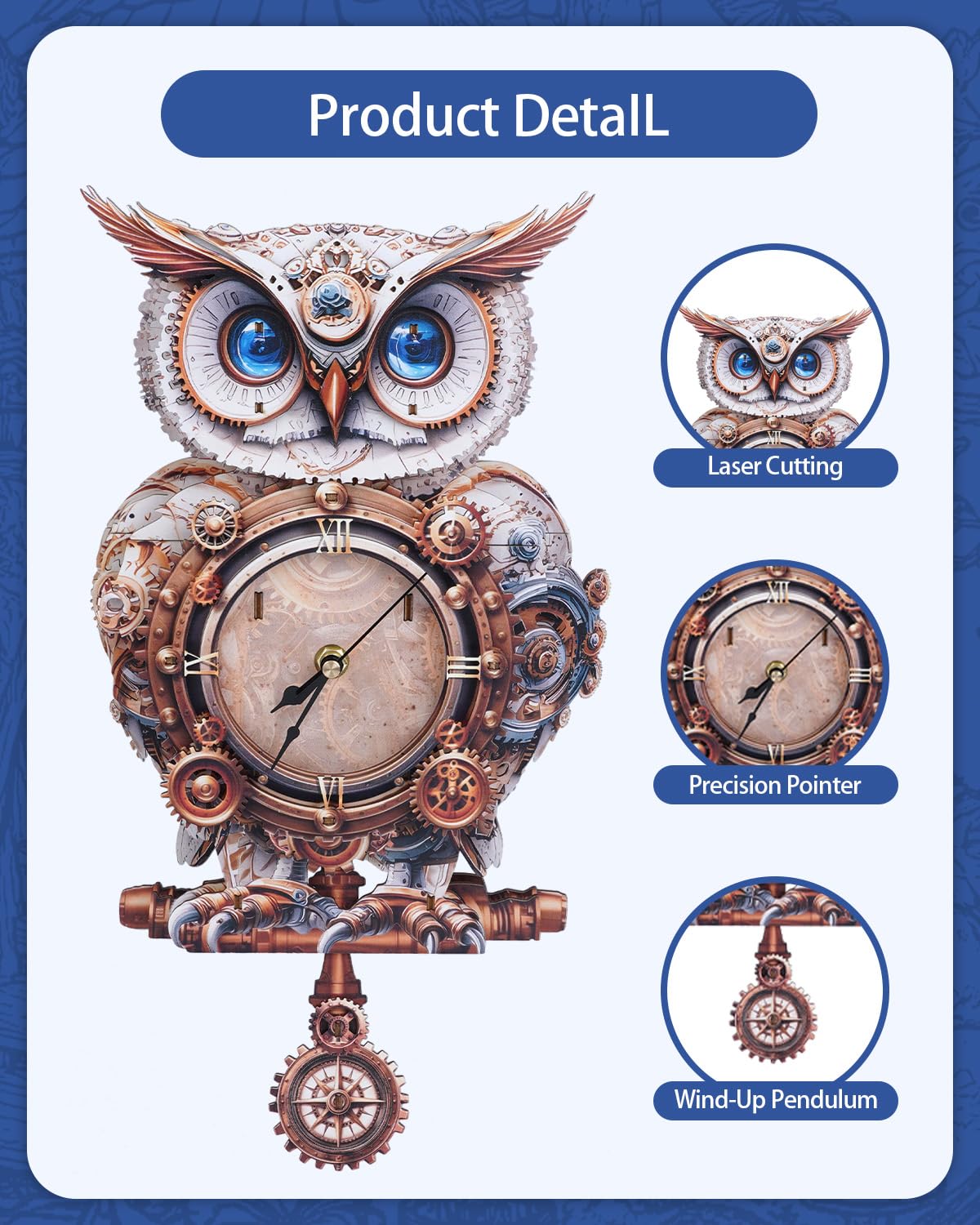 Rnfinewow 3D Wooden Puzzles for Adults, 3D Puzzle Owl Clock Kit (with Pendulum), Mechanical Owl 3D Puzzles for Adults Home Decor DIY Clock Puzzle Gifts for Women Men