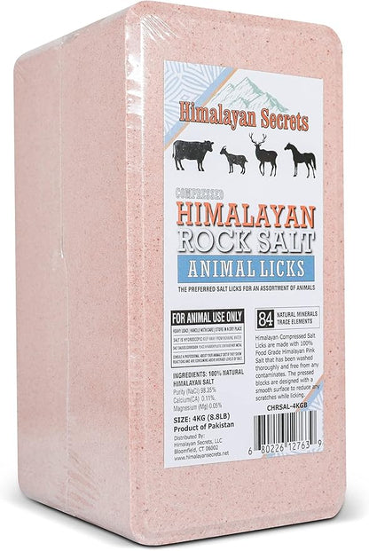 Salt Block for Deer & Horses – Compressed Mineral Salt Lick for Livestock, Cattle & Goats – Himalayan Secrets Pink Rock Salt Block (8.8LB/4KG, Block)