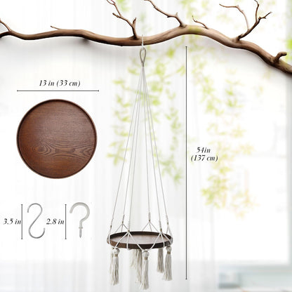 Flexzion Plant Hanger Boho Hanging Plant Shelf Macrame Plant Holder with Wood Flower Pot Shelf, C & S Ceiling Hooks Hand Woven Basket Bohemian Indoor Outdoor Home Decor for Living Room Bedroom, White