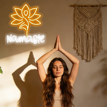 Namaste with Lotus Flower Neon Sign, Yoga Zen LED Light, Meditation Lamp Yoga Fitness Studio Decor, Meditation Art, Home & Spiritual Space Gift, Light Up Wall Art for Home or Yoga Studio Office Shop-14.45" x 13.7"