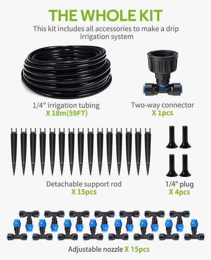 HIRALIY 59FT Greenhouse Misting Drip Irrigation Kit, Quick Connector Design, Irrigation System with 1/4" Tubing and Adjustable Nozzles for Hanging Plants, Garden Watering System for Raised Bed