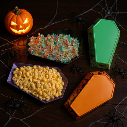 Wiwiqing 4 Pcs Halloween Candy Bowls Plastic Coffin Shaped Serving Tray Spooky Halloween Trick or Treat Candy Platter Dish for Birthday Party Food Storage Charcuterie Board Serving Supplies