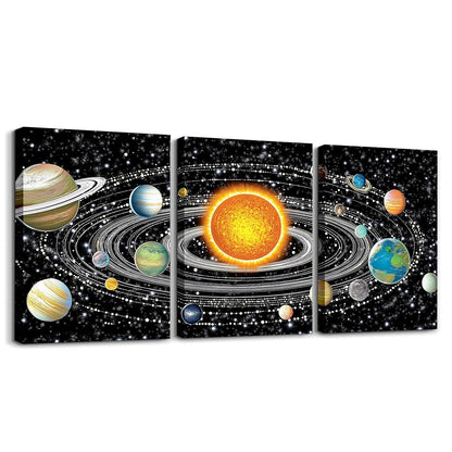 jejeloiu Solar System Canvas Wall Art for Living Room Bedroom 12"x16"x3pcs Universe Planets Picture Wall Decor for Bathroom Galaxy Star Trails Office Decorations Artwork Posters Outer Space Painting
