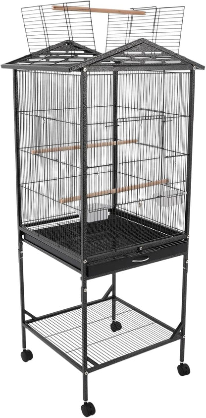 53.5 Inch Iron Bird Cage, Large Parakeet Cages with Play Open Top and Rolling Stand, Bird House with Detachable Stand and Pull-Out Tray for Cockatiels, Parrots, Lovebirds, Canaries (Black, Style A)