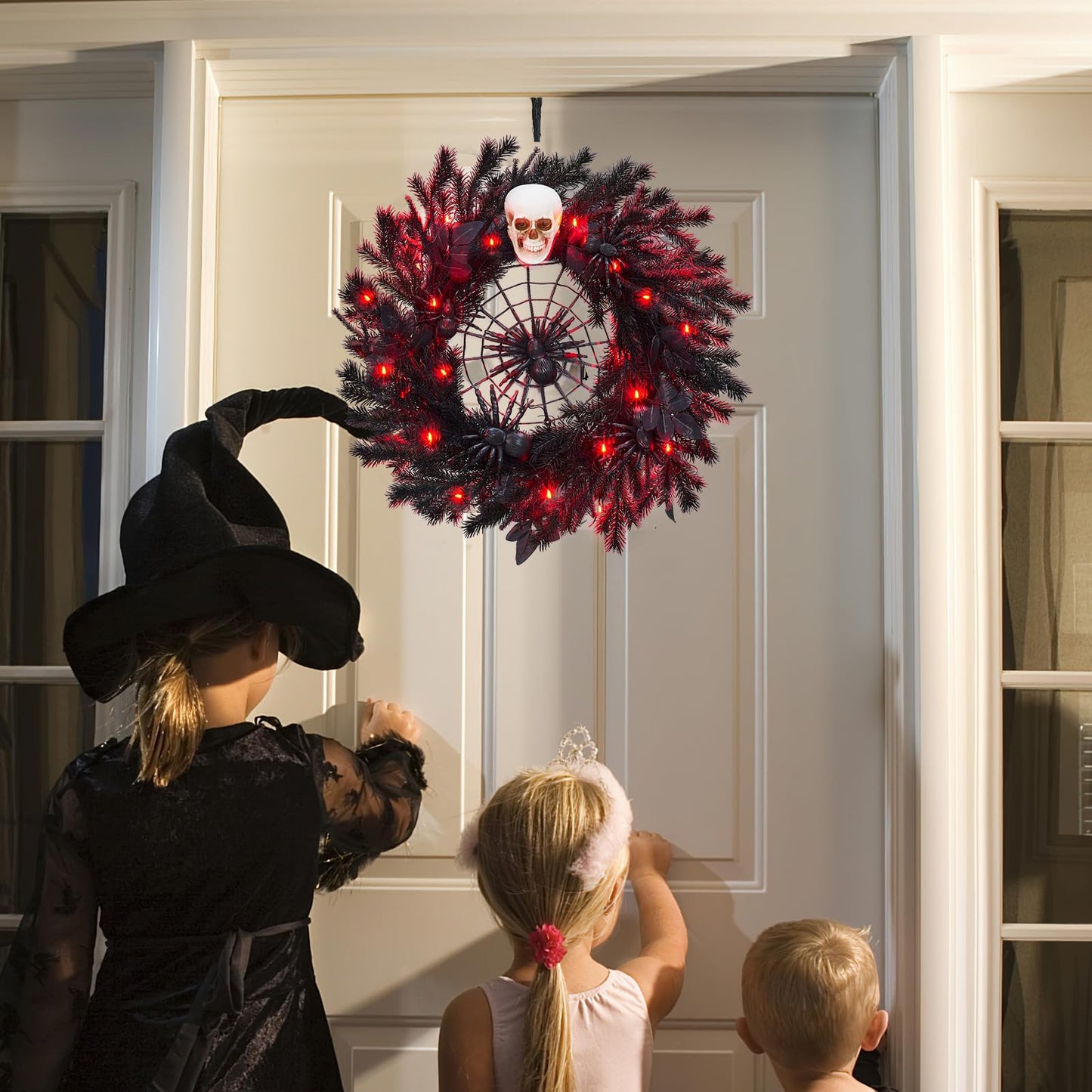 22" Halloween Wreath with Lights, Black Twig Wreath with Scary Skull and Spider, Artificial Halloween Party Decorations for Front Door Indoor Outdoor Wall Window Porch