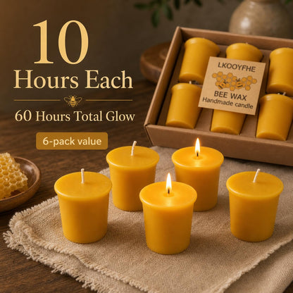 6 Pack Beeswax Votive Candles 2x2 Inch, 10-Hour Burn Time (60 Hrs Total), Smokeless & Unscented 100% Pure Natural Wax Candles for Prayer, Home Decor, Emergency & Weddings