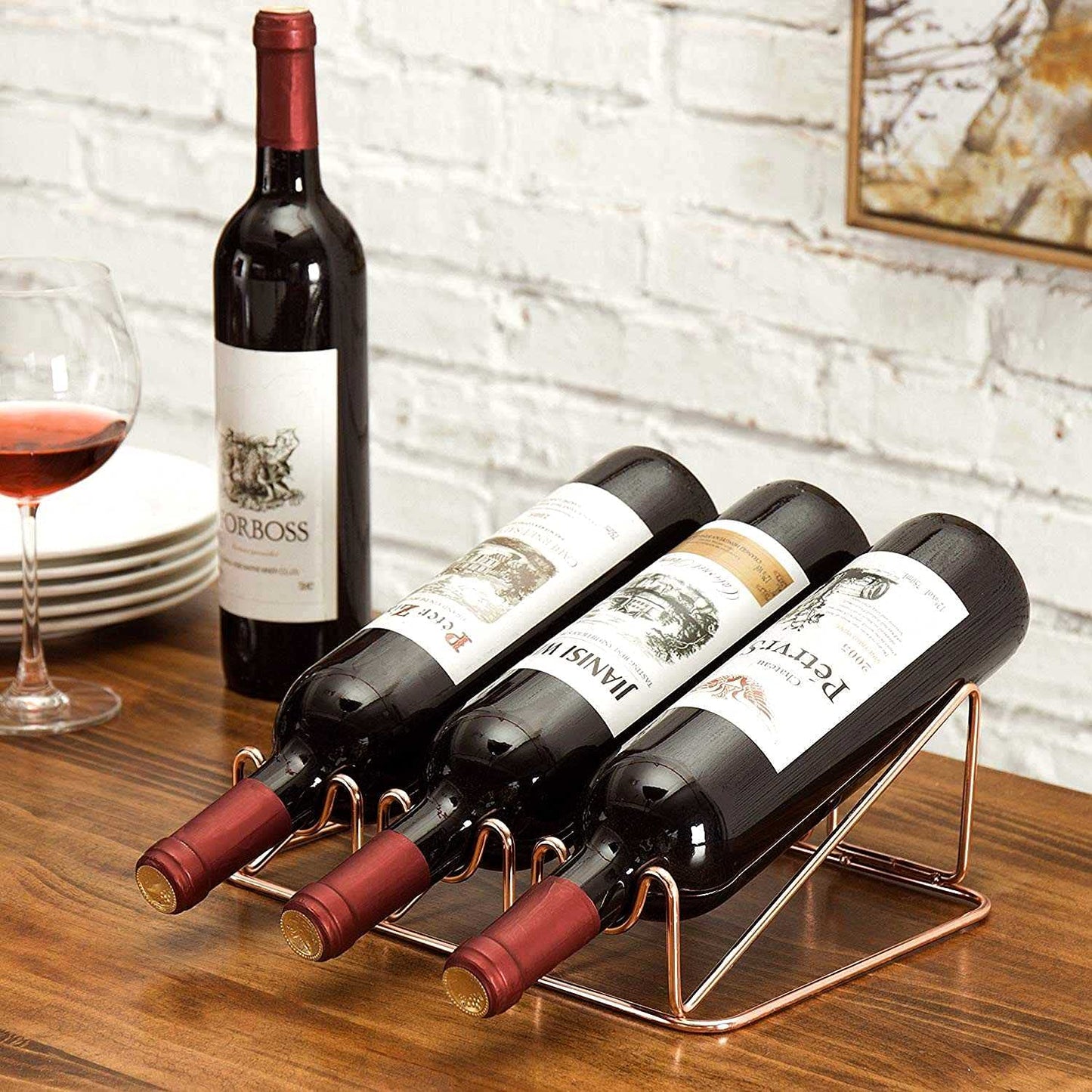 Countertop 3-Bottle Wine Holder - Modern Matte Black Metal Wine Rack - No Assembly Required