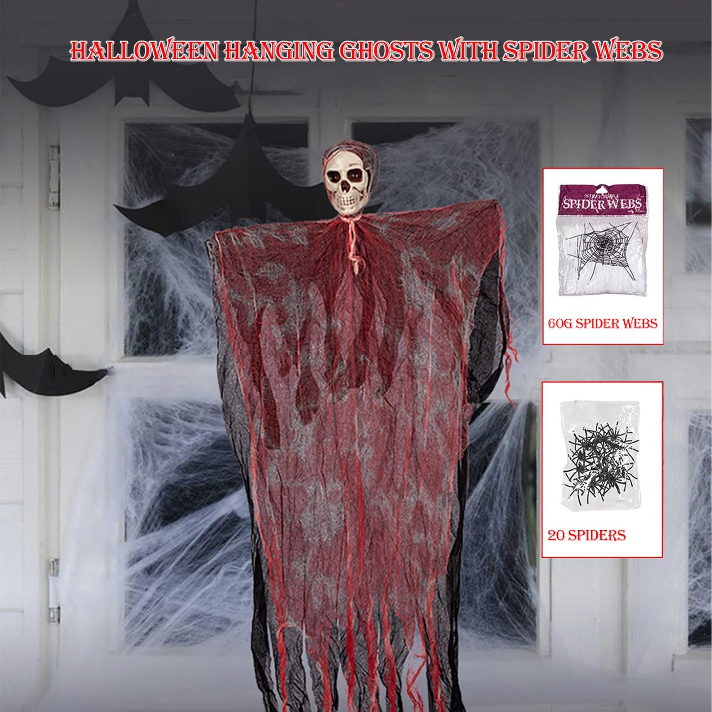 43" Halloween Hanging Ghost Decorations Outdoor with Spider Web&20 Spiders, Halloween Scary Flying Skeleton Ghost Decor for Haunted House Party Outside Indoor
