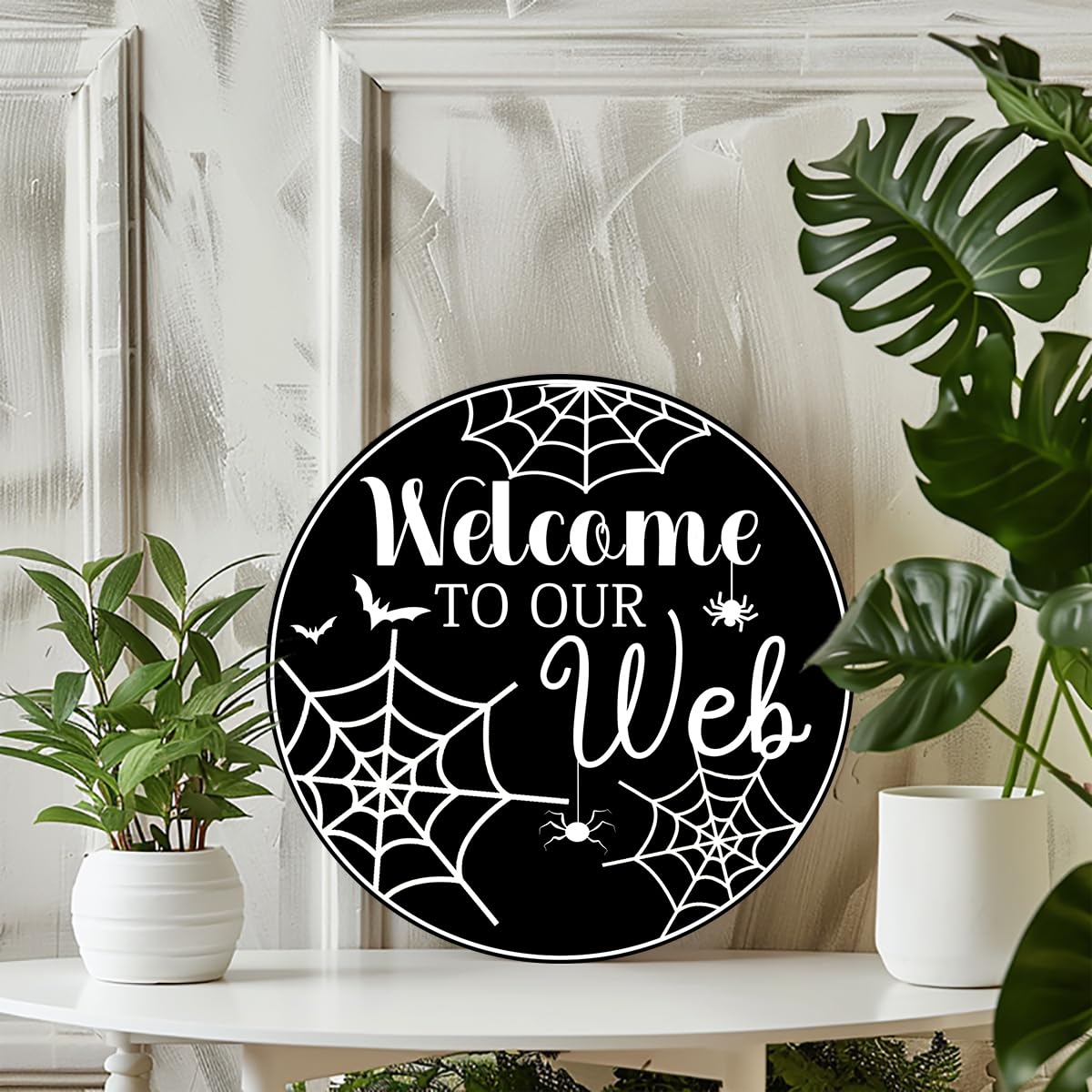 Generic Welcome To Our Web Round Aluminum Sign Halloween Metal Tin Signs Autumn Witch Ghost Pumpkin Wall Decor Sign For Home Kitchen Cafe 8x8 Inch