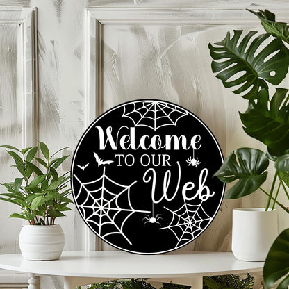 Generic Welcome To Our Web Round Aluminum Sign Halloween Metal Tin Signs Autumn Witch Ghost Pumpkin Wall Decor Sign For Home Kitchen Cafe 8x8 Inch