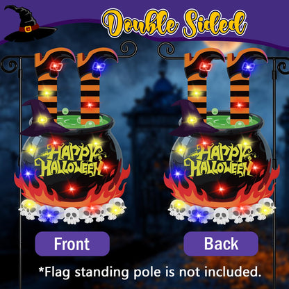 GOAUS Halloween LED Garden Flag Light Up Solar Powered, Witch Cauldron Decorations Outdoor, Double Sided Oxford Decorative Flag for Lawn Yard Outside Decor, 12x18 Inches