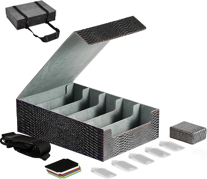 Magnetic Leather Trading Card Storage Box - 5-Row Deck Case Design, 3900+ Capacity for YuGiOh, MTG, TCG and Sports Cards, Includes 24 Colorful Dividers & 5 Card Supports (15.8in, Dragon)