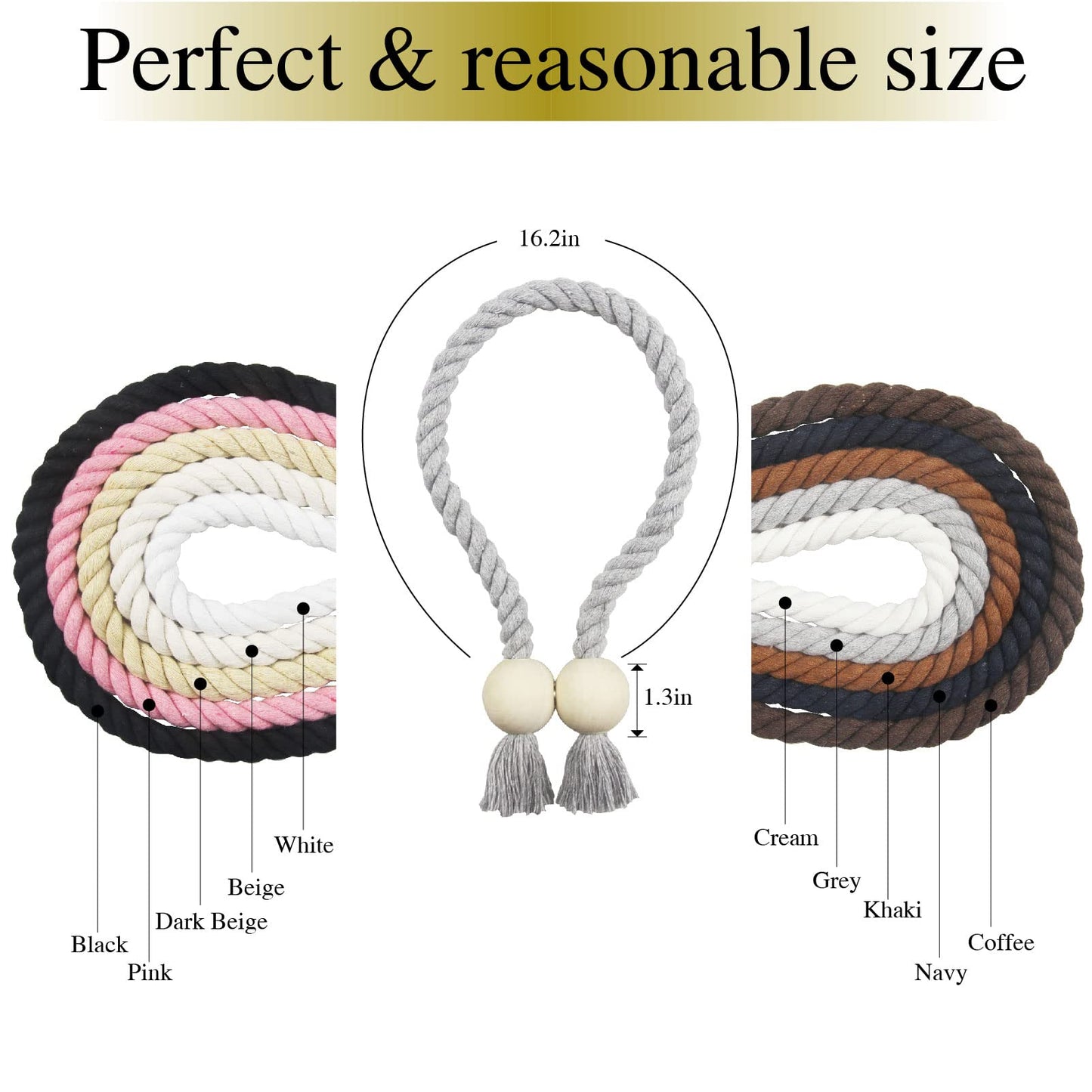 Porlau 4 Pack Grey Magnetic Curtain Tiebacks Cotton Hand Woven Tieback Holdback Decorative Tie Backs for Drapes with Wooden Buckle No Tools Required