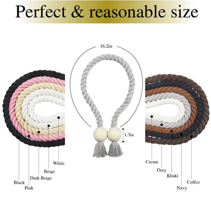 Porlau 4 Pack Grey Magnetic Curtain Tiebacks Cotton Hand Woven Tieback Holdback Decorative Tie Backs for Drapes with Wooden Buckle No Tools Required