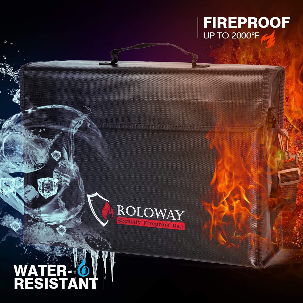 ROLOWAY Large (17 x 12 x 5.8 inches) Fireproof Bag, Water Resistant Fireproof Document Bag Safe for Money, Documents and Valuables Storage