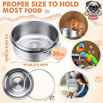 Aoriher 4 Pack Large Bird Feeding Dish Cups 30 oz Stainless Steel Parrot Feeders Food Water Cage Bowls with Clamp Holder for Cockatiel Conure Budgies Parakeet Macaw Small Dog Cat Animal
