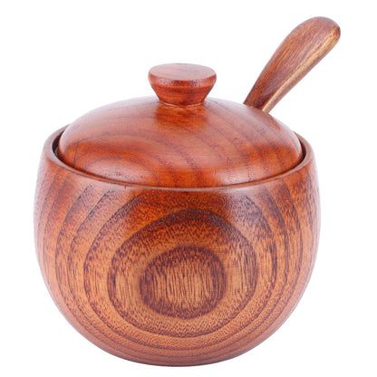 MOUMOUTEN Wood Spice Pot, Natural Wooden Salt Cellar with Lid and Spoon, Sugar Container Vintage Spice Jar Seasoning Container Cooking Utensil for Serving Condiment Chili Powder