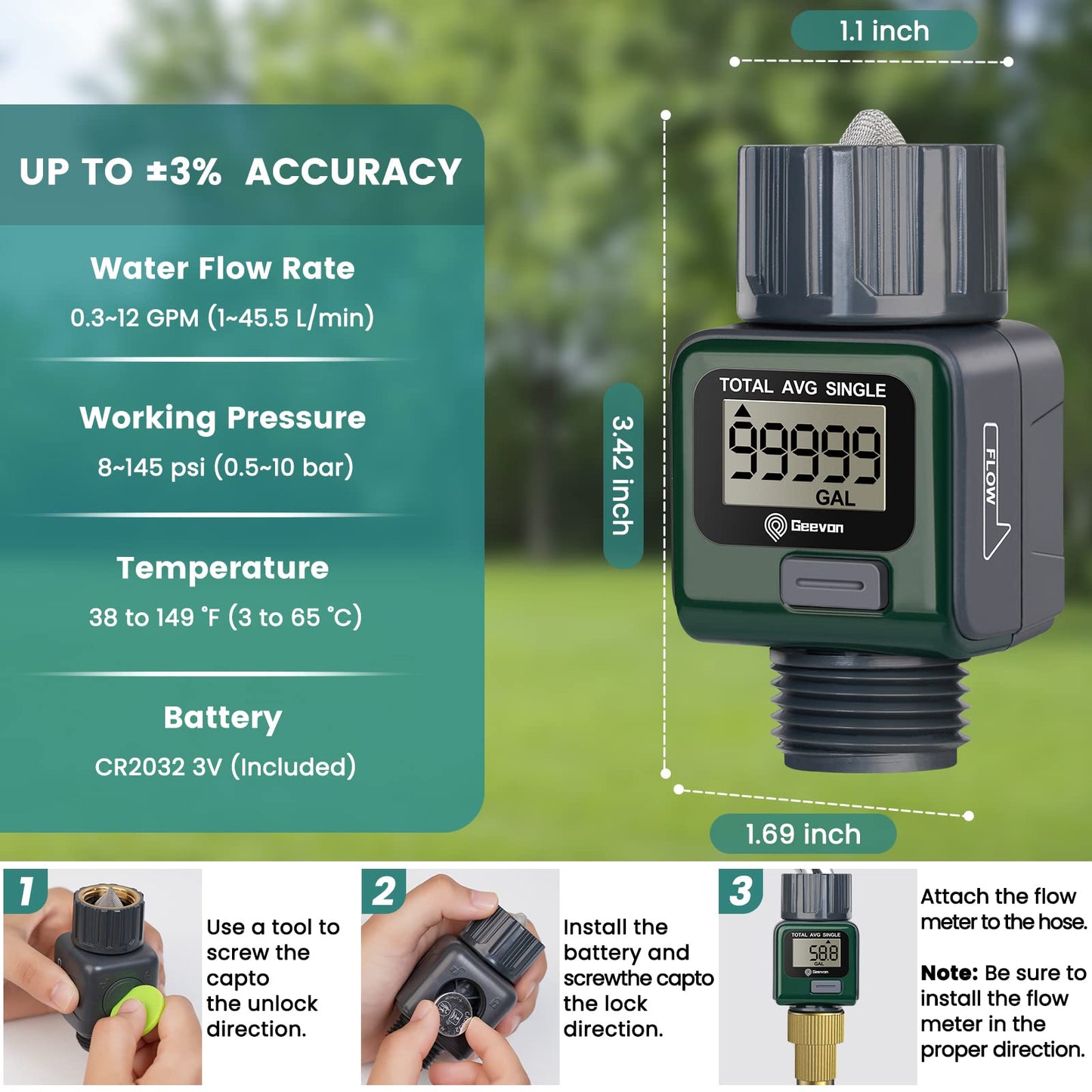Geevon Garden Hose Water Flow Meter with Brass Inlet Metal Thread, High Accuracy & IPX6 Waterproof for Outdoor Garden Watering, RV Water Tank Filling, Lawn Sprinkler, and Nozzle Sprayer (2 Pack)