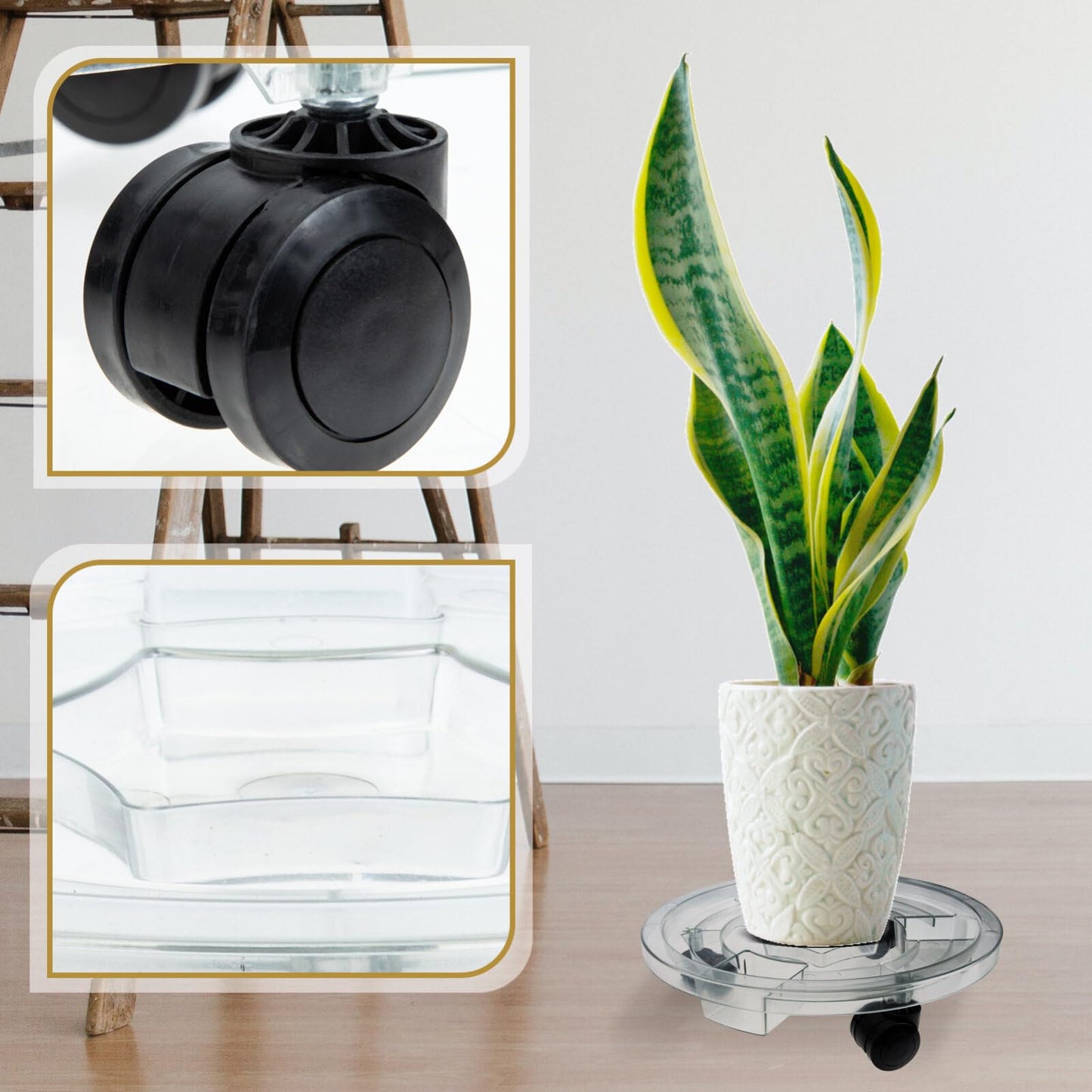 GANAZONO Removable Plant Pot Stand with Smooth Rolling Wheels 11.81 Inch Clear Plastic Caddy for Indoor and Outdoor Large Flower Pots