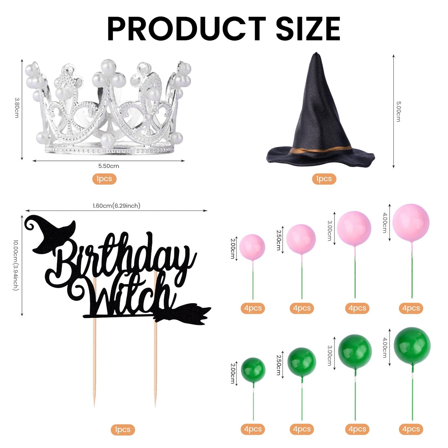 35 Pcs Wicked Party Decorations Supplies Witch Cake Topper Set with Crown Witch Hat Non Edible Cupcake Toppers for Pink and Green Birthday Decoration