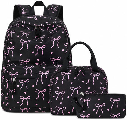 LOIDOU Backpack for Teen Girls Bookbags School Backpack with Lunch Box and Pencil Case 3 in 1 School Bags Set (Black Bow-Tie)