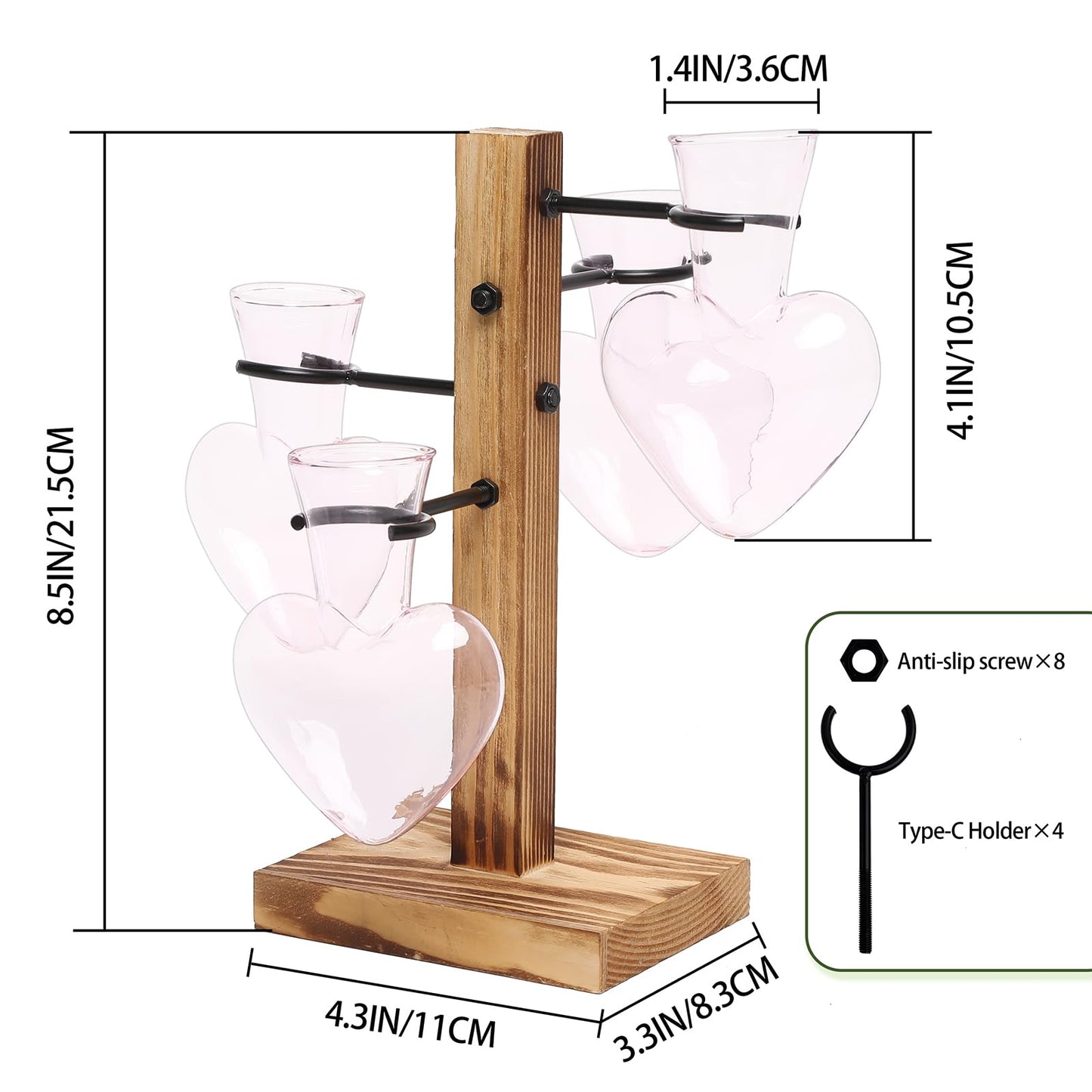 CYZglass Plant Terrarium Propagation Stations with Wooden Stand, Glass Vase for Indoor Hydroponics Home Garden Office Decoration Gift for Women - 4 Love Bulb Vase