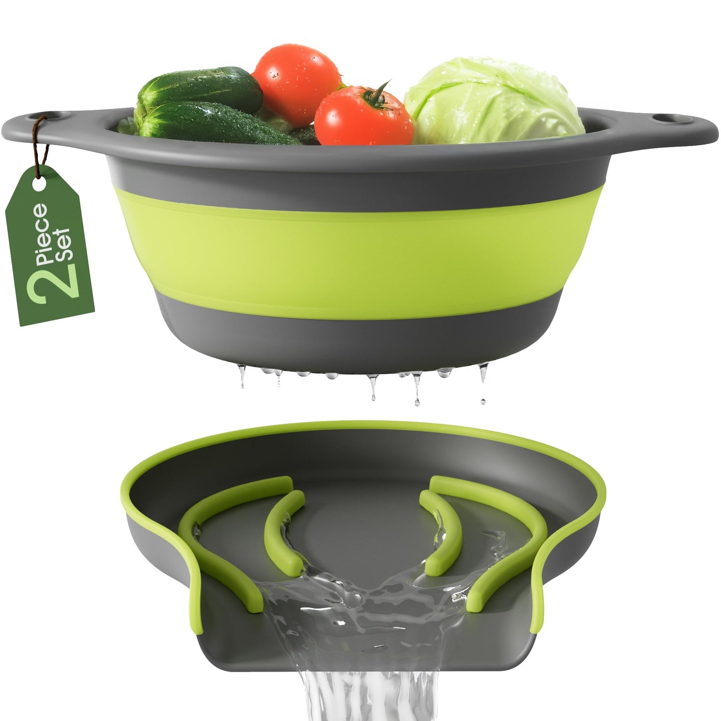 Collapsible Colander Strainer, Includes Over-sink Countertop Draining Base (5QT) Large Kitchen Drainer for Vegetables Fruit and Pasta, Round Foldable Draining Basket, Easy Storage (White)