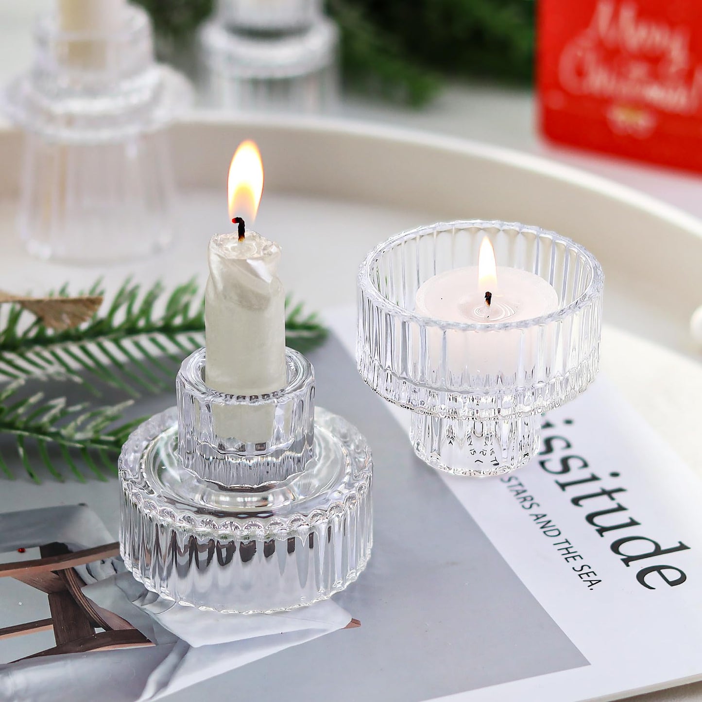 SYFURNIX Clear Candlestick Holders 12PCS Ribbed Glass Taper Candle Holders for Tealight Stick Candles Table Centerpieces Thanksgiving Christmas Indoor and Outdoor Decorations