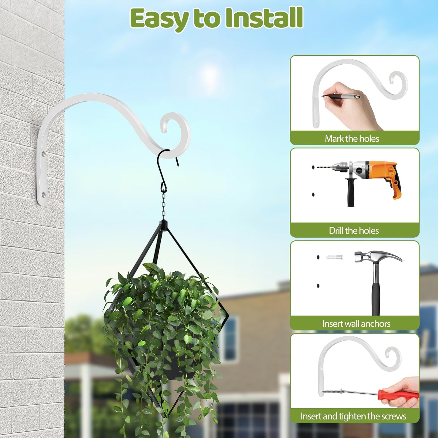 BOLITE Plant Hangers Outdoor Indoor, 8 Inch Wall Plant Hooks, Metal Bird Feeder Hanger for Hummingbird Feeders, Planters, Lanterns, Wind Chimes, Home Decor, 2 Pack, White, Gifts for Women Men