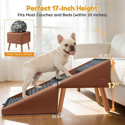 17" H Dog Stairs for Small Dogs – 4-Step Non-Slip Dog Ramp for Couch, Foldable 2-in-1 Pet Stairs & Ottoman, Upgraded Pet Steps for Puppies, Senior Dogs & Injured Pets, Solid Wood Frame (Brown)