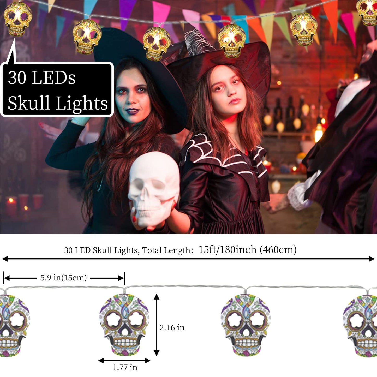 Halloween String Lights, Skull String Light Hallo ween Fall Fairy Light Battery/USB Powered Optional 2 Modes Cute Lights 2026 Indoor Outdoor Decor for Home Yard Patio (30 LED Halloween String Lights)