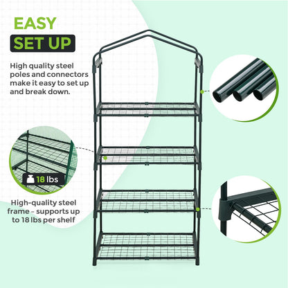EAGLE PEAK 4-Tier Mini Greenhouse Portable Green House with Shelves & Weather-Resistant PE Cover, Small Greenhouse for Seedlings & Gardening Gifts, 27x19x64 in, Clear/Green