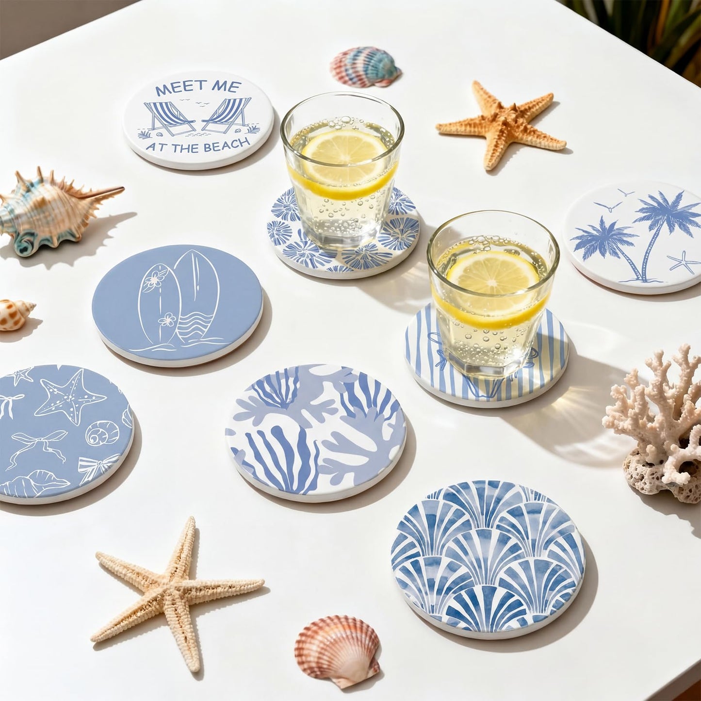 Rtteri Coastal Coasters for Drinks Set of 8 Blue Ocean Beach Starfish Shells Absorbent Ceramic Coaster with Cork Base and Metal Holder for Coastal Coffee Table Beach House Decoration Housewarming Gift