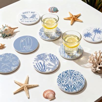 Rtteri Coastal Coasters for Drinks Set of 8 Blue Ocean Beach Starfish Shells Absorbent Ceramic Coaster with Cork Base and Metal Holder for Coastal Coffee Table Beach House Decoration Housewarming Gift