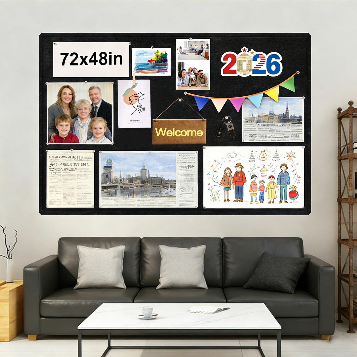 Large Bulletin Board - 72 x 48 Inches, Large Felt Board Decorative Pin Board for Wall, Foldable Photo Board, Lightweight Durable Pin Board for Home, Office, School, Classroom, Kitchen (Black)