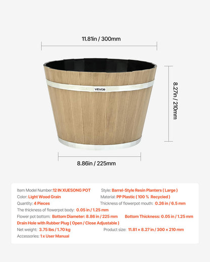 VEVOR Plant Pots, 4 Pack 11.81 inch Whiskey Barrel Planters with Drainage Holes, Large Outside Plastic Decoration Flower Pot Imitation Wine Barrel Design for Indoor Outdoor Garden Home Plants, Brown