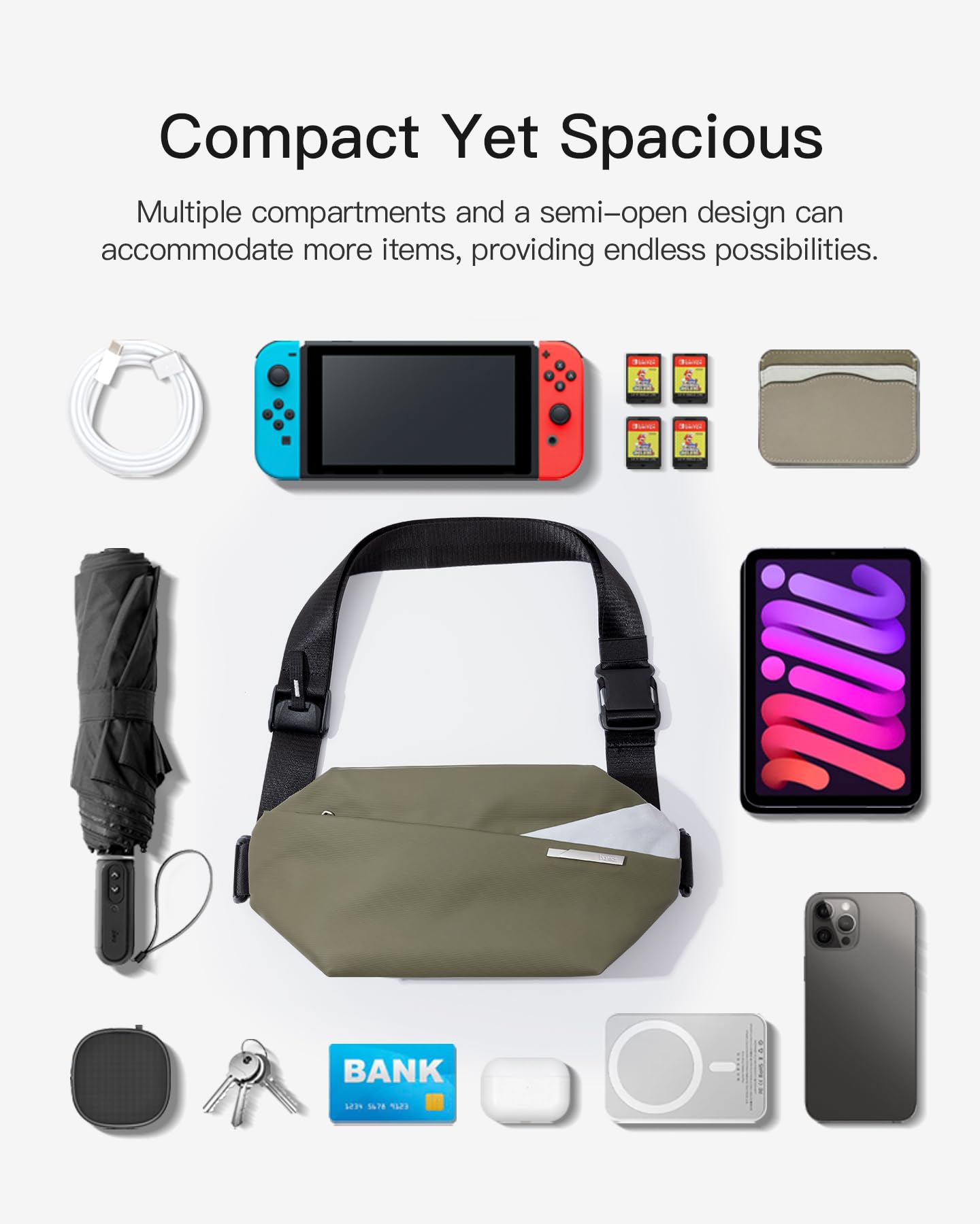 Inateck Sling Bag X, Multi-pocket Crossbody Shoulder Chest Bag with Adjustable Shoulder Strap, Water-resistant Waist Fanny Pack for Men, Women, Travel, Daily Use, Cycling, Hiking, Black, Large
