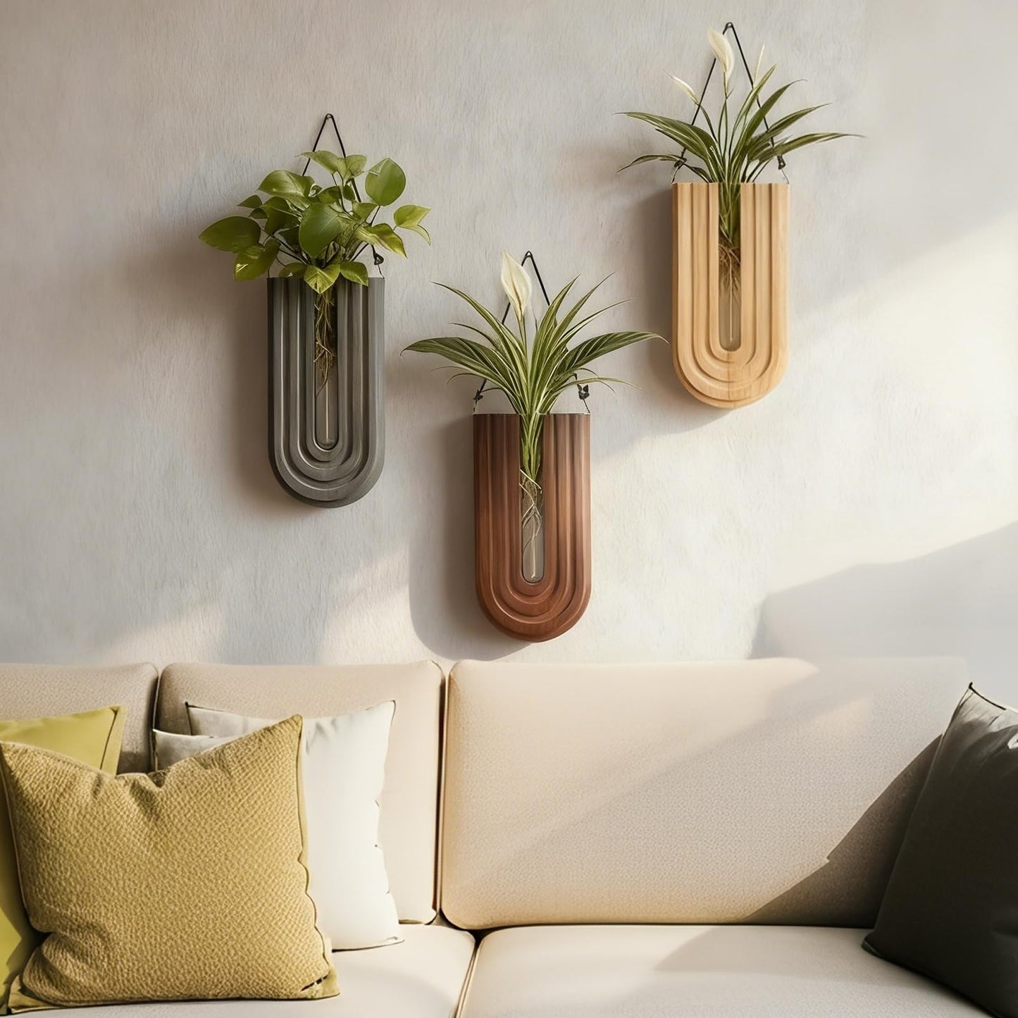 MODUGLE Wall Mounted Wooden Propagation Station Set of 3 - Boho Hanging Indoor Wall Planter Vases for Plants & Flowers, Handmade Rainbow Decor for Living Room, Entryway, or Home Gallery Display