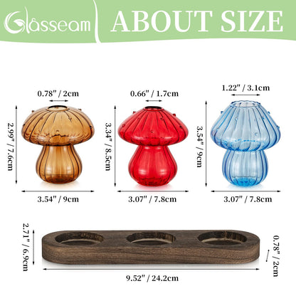 Glasseam Mushroom Plant Propagation Station: Glass Plant Terrarium Jar with Wood Stand Unique Hydroponic Planters for Indoor Plants Cute Propagation Vase for Plant Lovers Home Office Decor 3Pcs