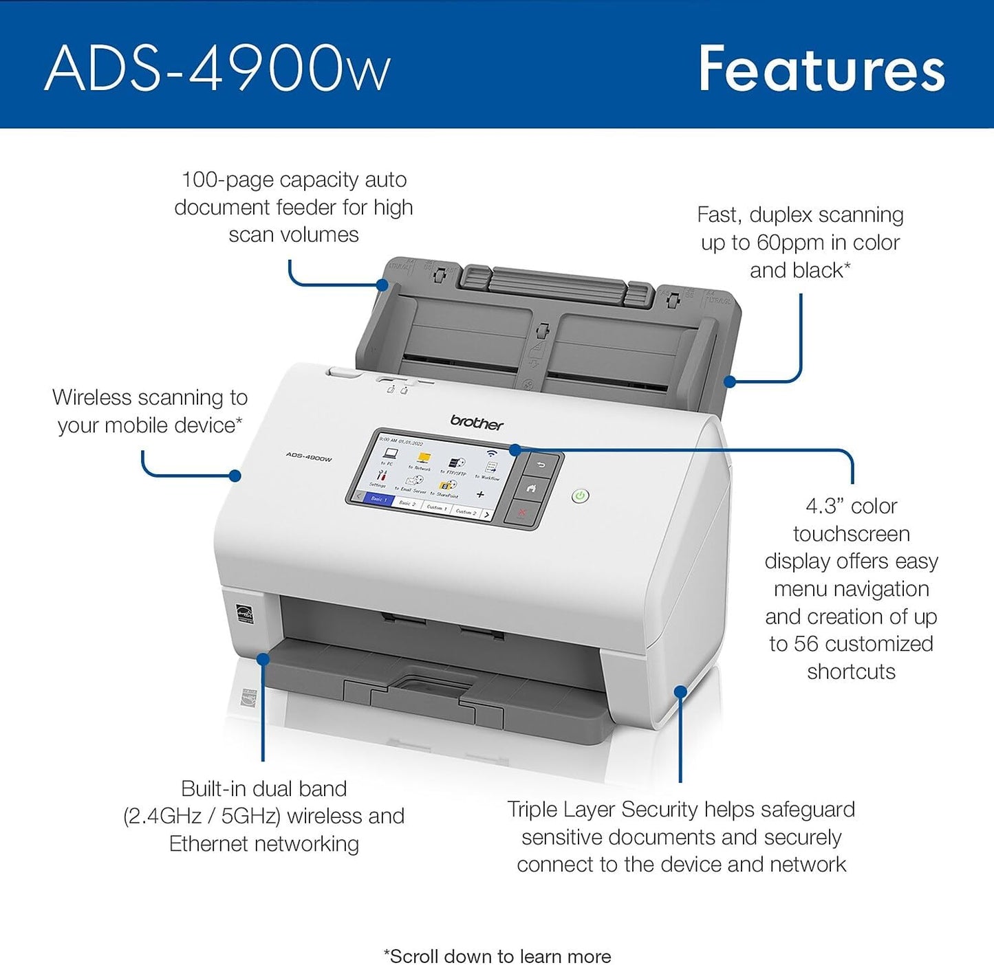 Brother ADS-4900W Professional Desktop Scanner with Fast Scan Speeds, Duplex, Wireless, and Large Touchscreen, White