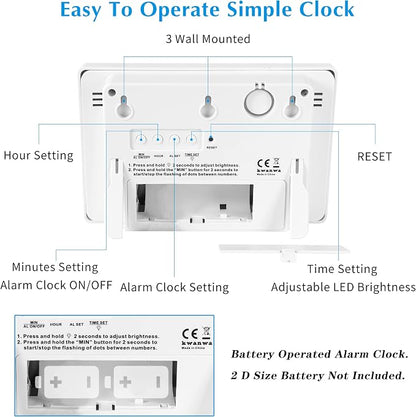 KWANWA Large Digital Alarm Clock, 3" LED Display Battery Operated, Dimmable Auto Night Mode, Easy to Read for Seniors Visually Impaired, Cordless Wall Clock or Table Clock for Bedroom Kitchen Office
